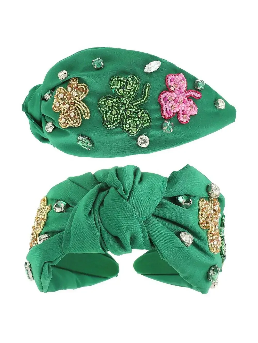 St. Patrick's Day Shamrock Beaded Knotted Headband Green Clover